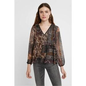 NWT Desigual Multicolor Sheer peplum Blouse